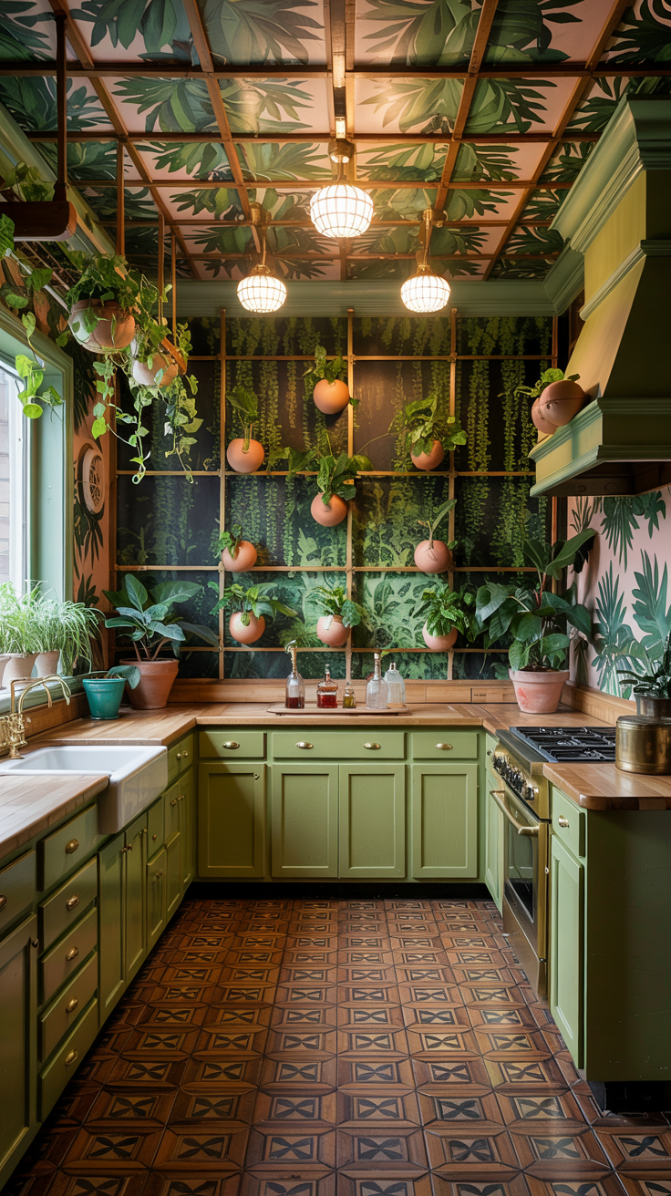 an eclectic maximalist kitchen with 70's style