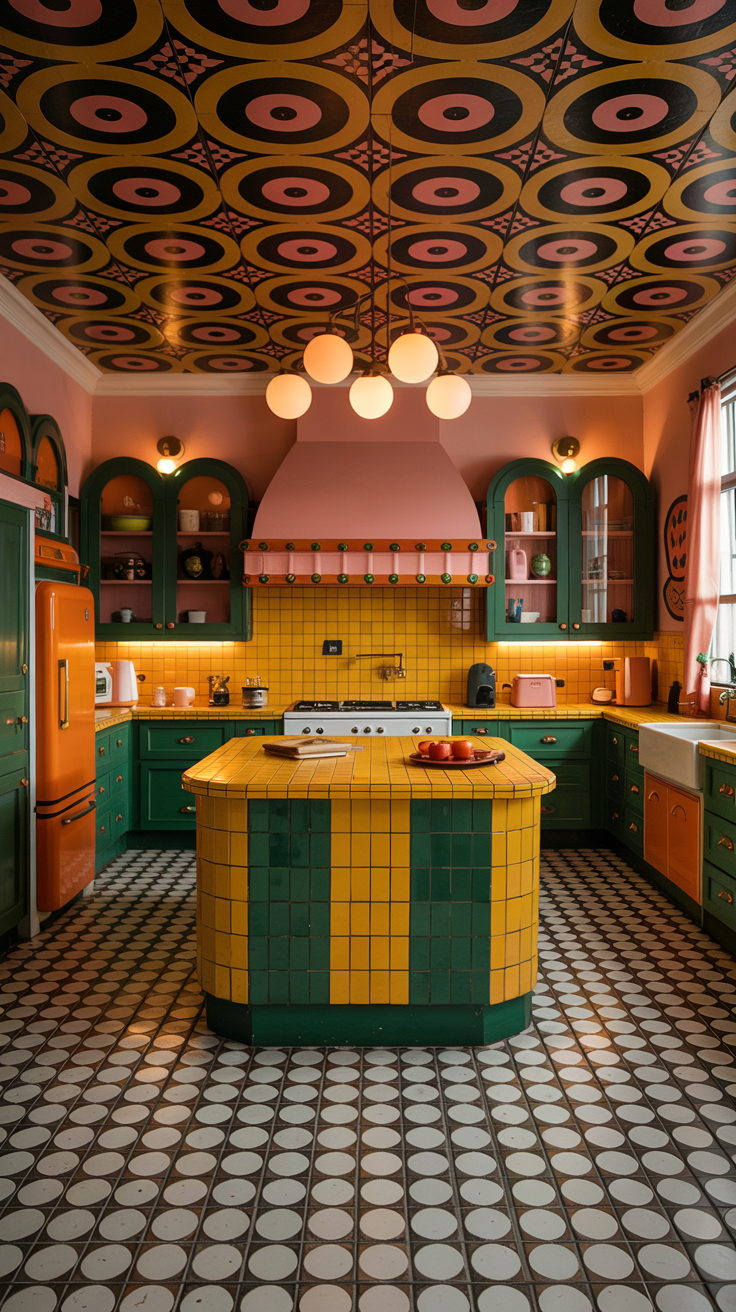 an eclectic maximalist kitchen with 70's style