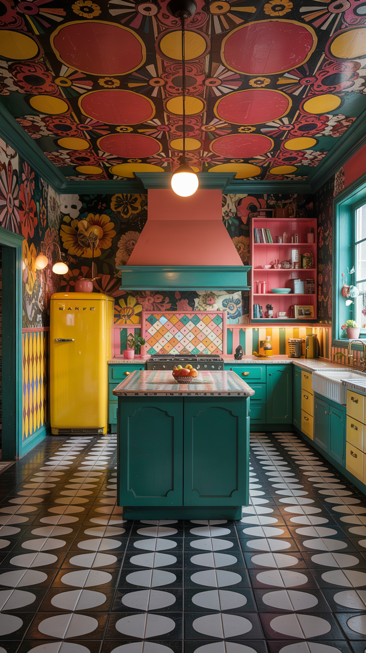 an eclectic maximalist kitchen with 70's style