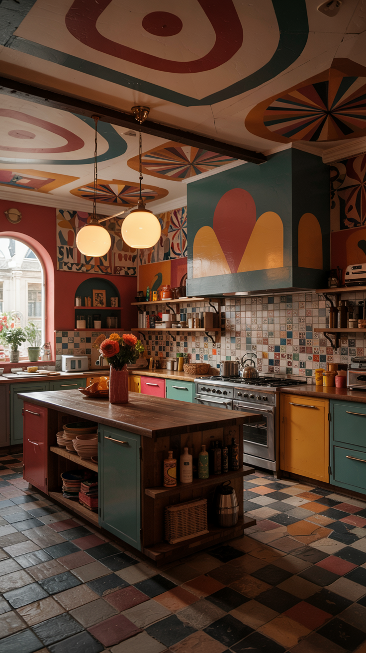 an eclectic maximalist kitchen with 70's style