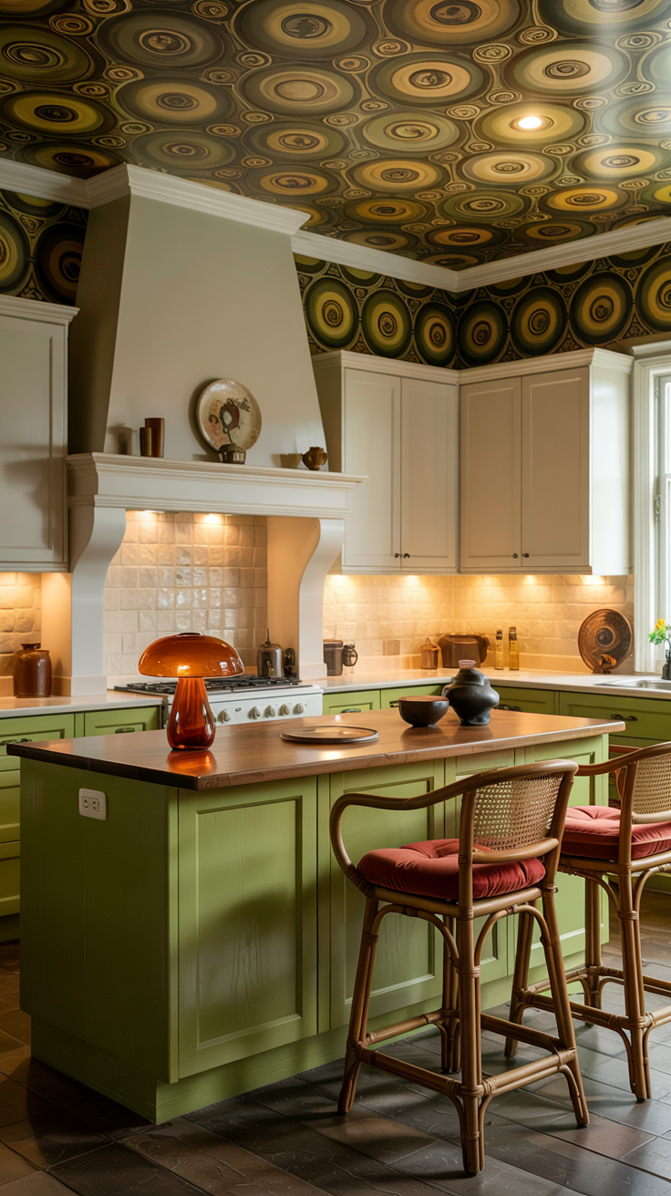 an eclectic maximalist kitchen with 70's style