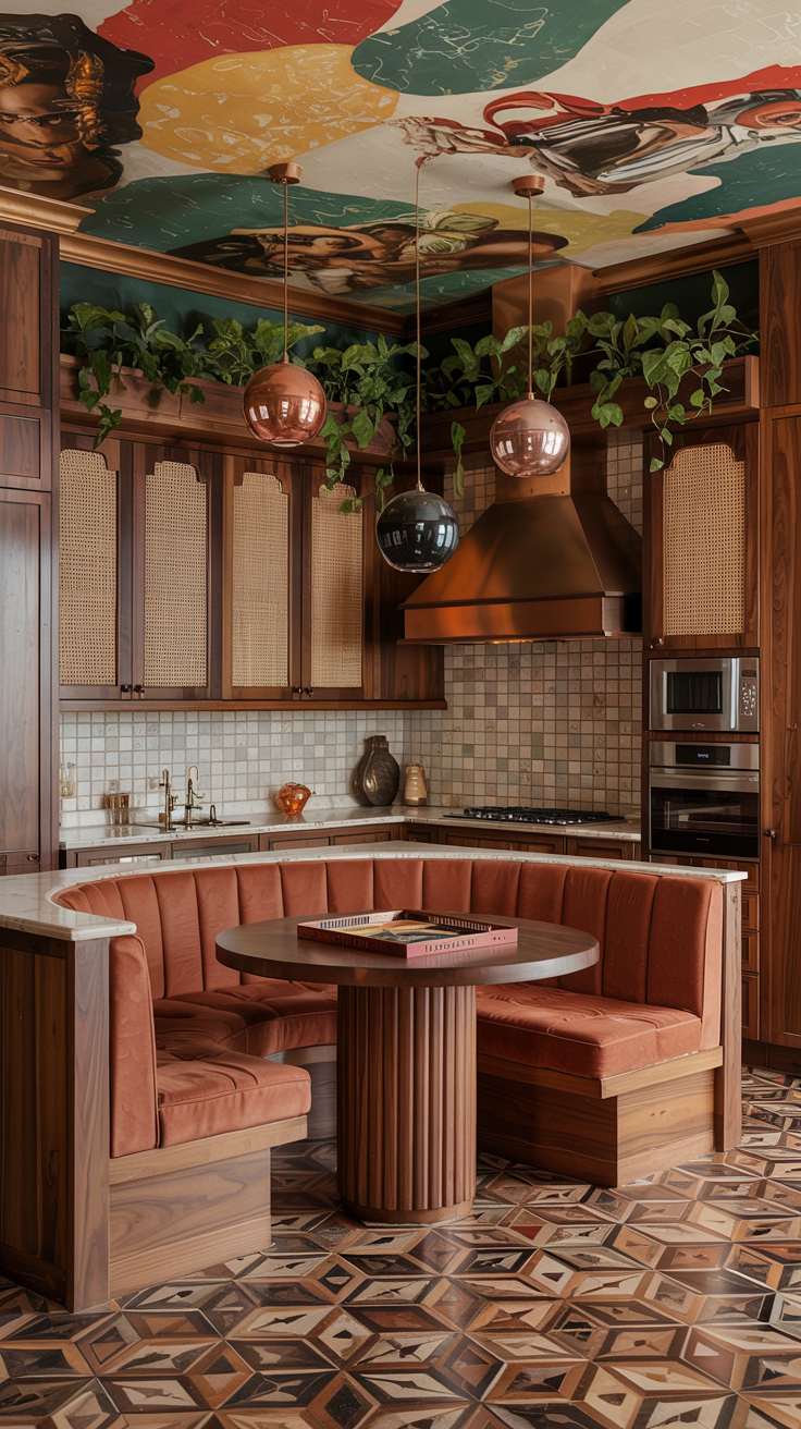 an eclectic maximalist kitchen with 70's style