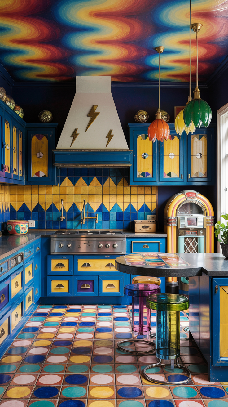 an eclectic maximalist kitchen with 70's style