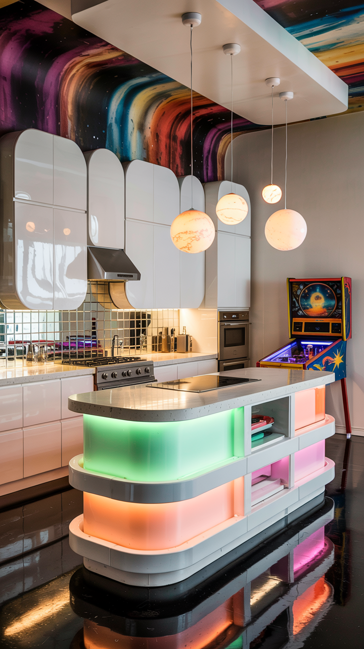 an eclectic maximalist kitchen with 70's style