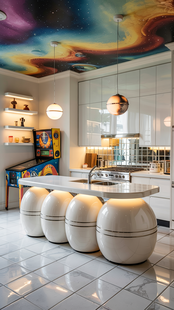 an eclectic maximalist kitchen with 70's style