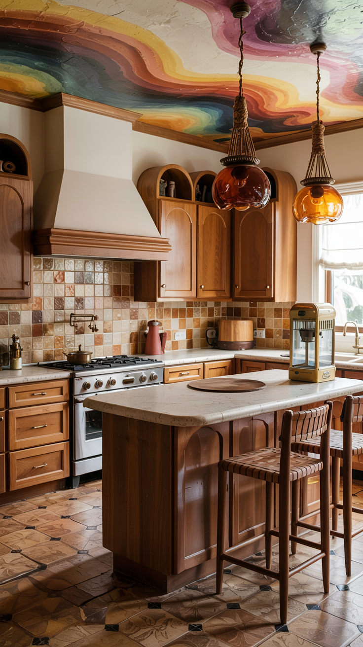 an eclectic maximalist kitchen with 70's style