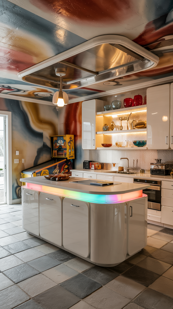an eclectic maximalist kitchen with 70's style