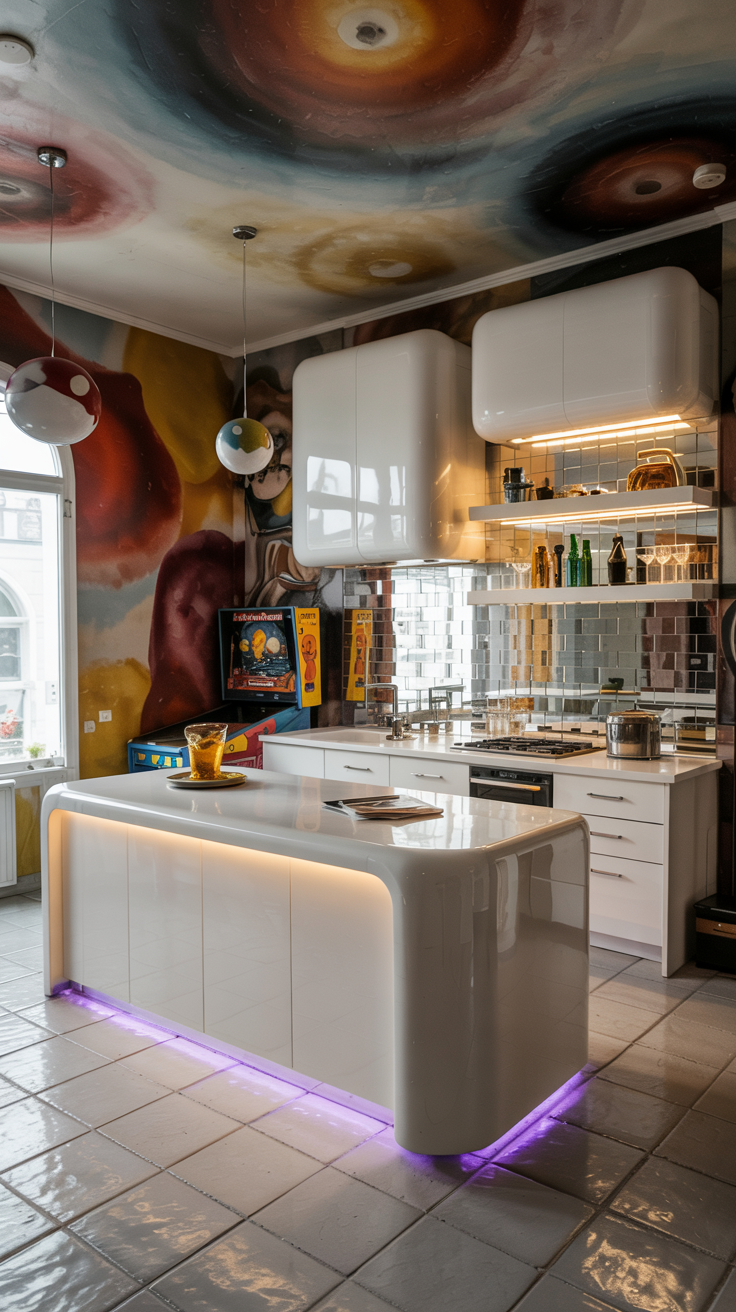an eclectic maximalist kitchen with 70's style