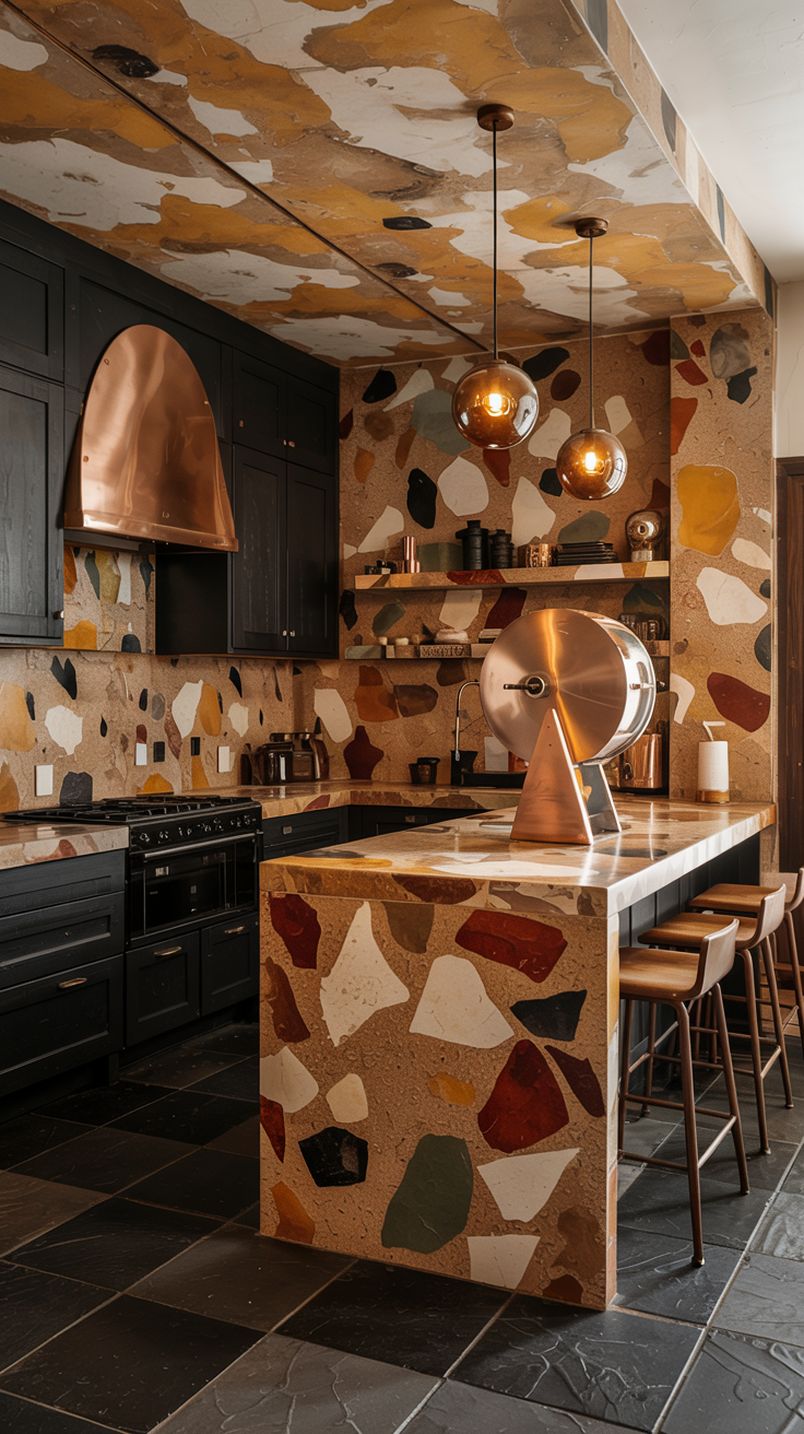 an eclectic maximalist kitchen with 70's style