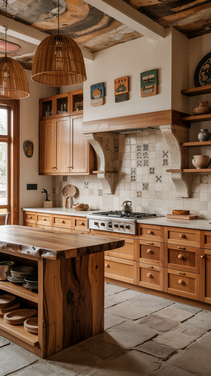 an eclectic maximalist kitchen with 70's style