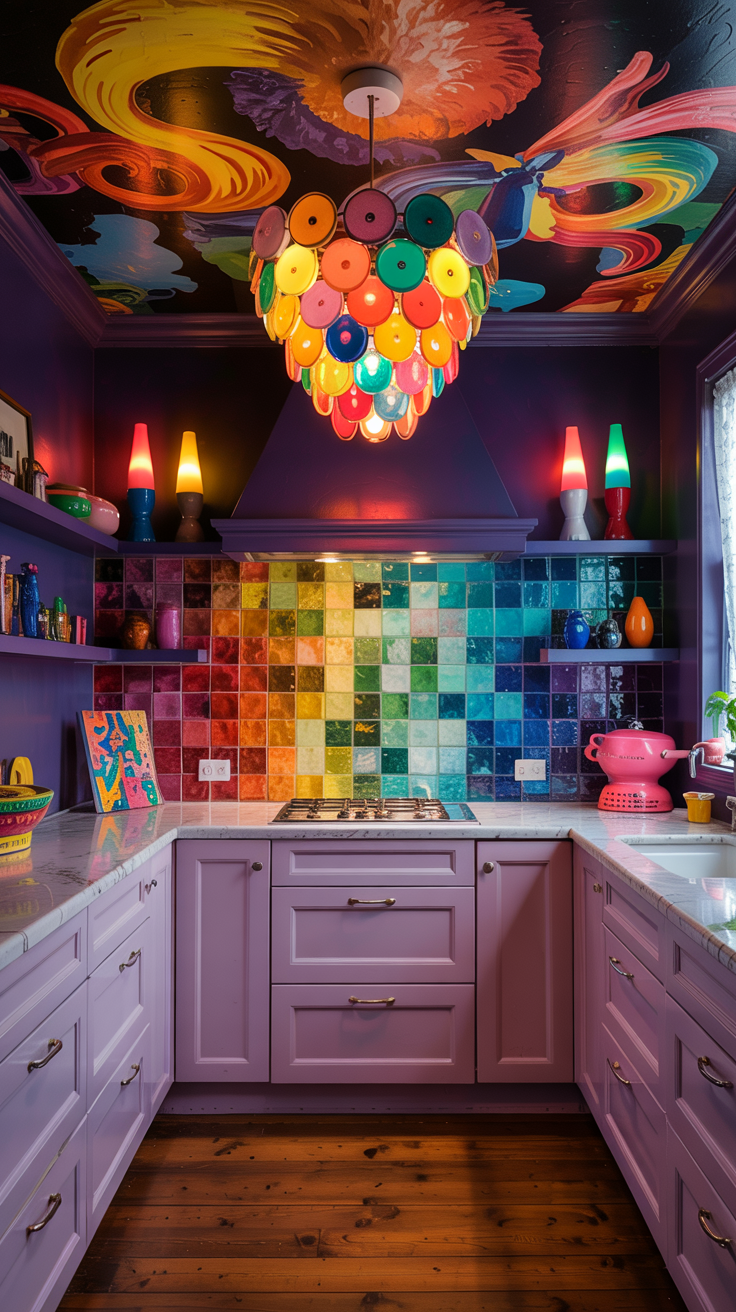 an eclectic maximalist kitchen with 70's style