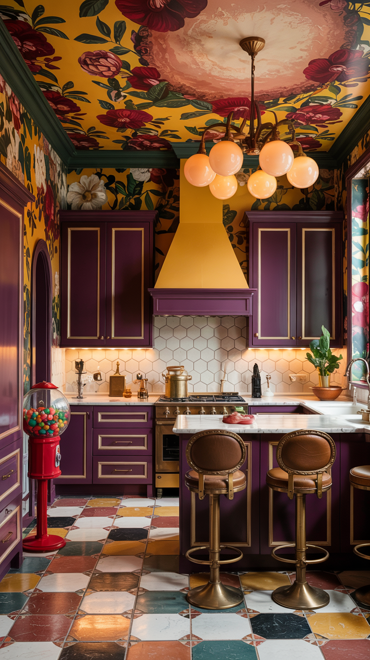 an eclectic maximalist kitchen with 70's style