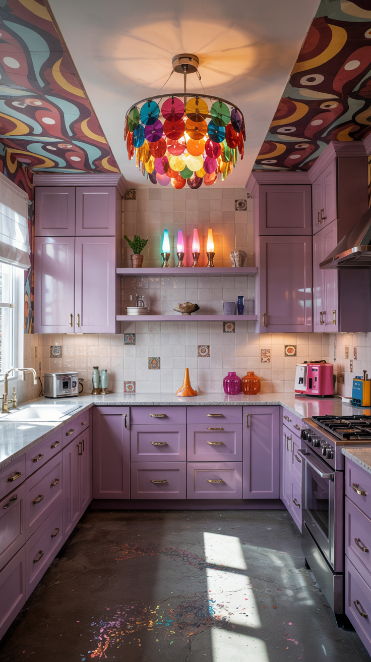 an eclectic maximalist kitchen with 70's style