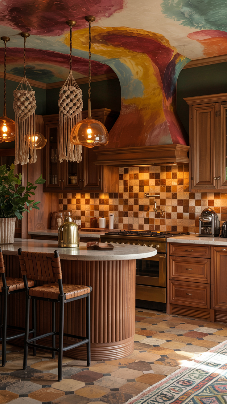 an eclectic maximalist kitchen with 70's style
