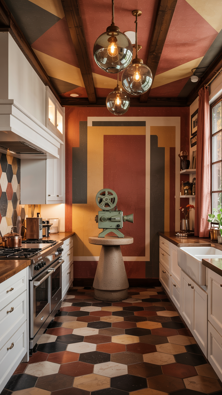 an eclectic maximalist kitchen with 70's style