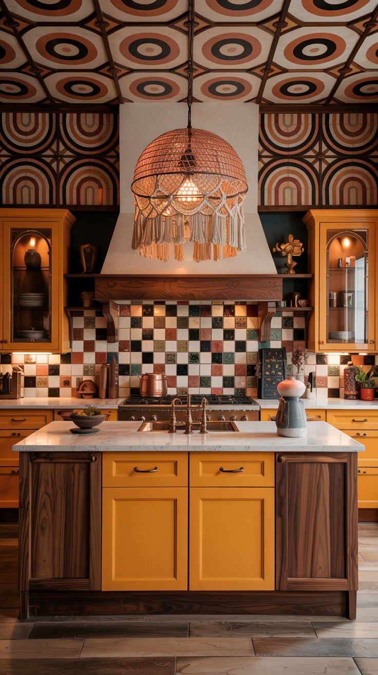 an eclectic maximalist kitchen with 70's style