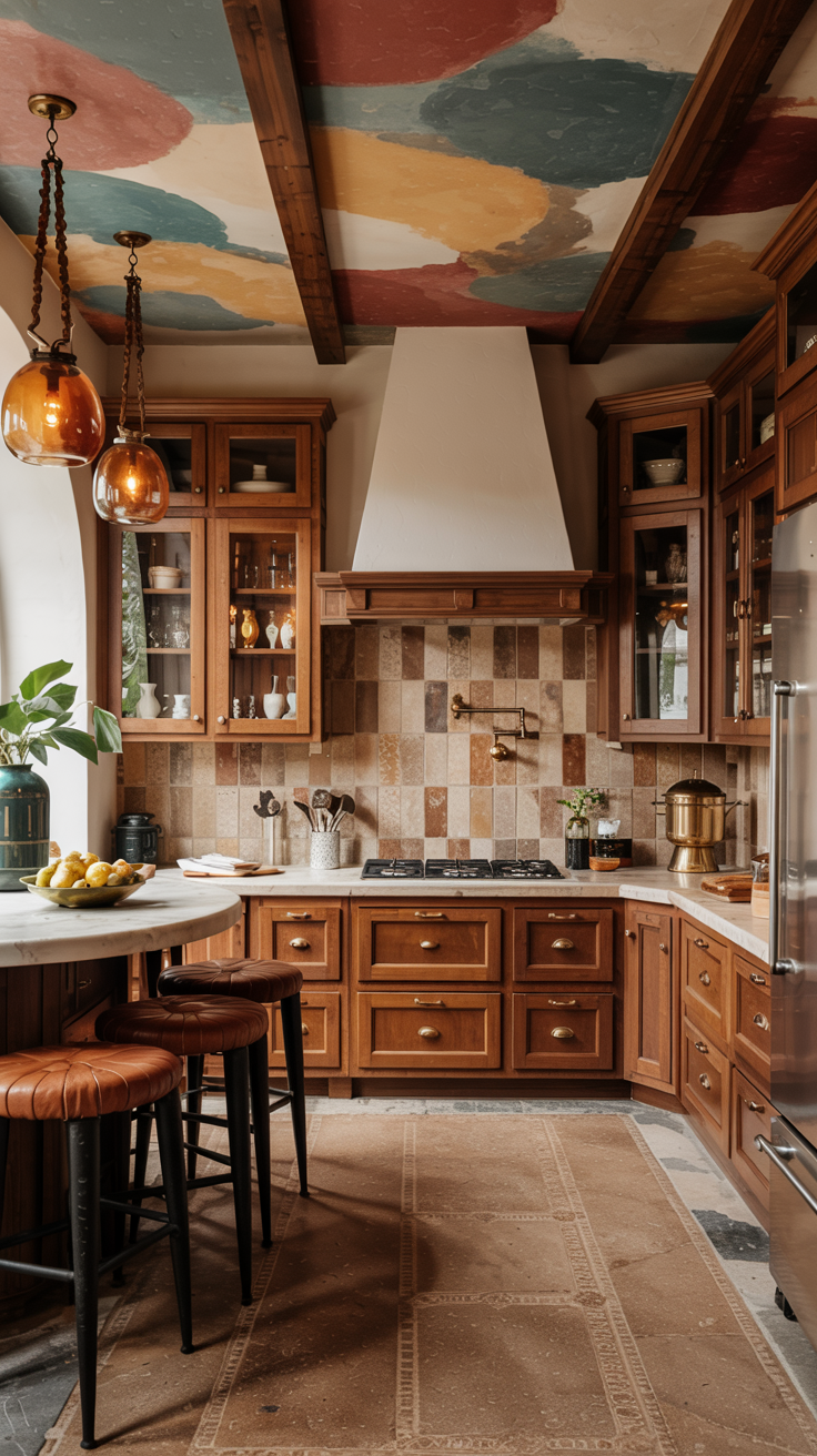 an eclectic maximalist kitchen with 70's style