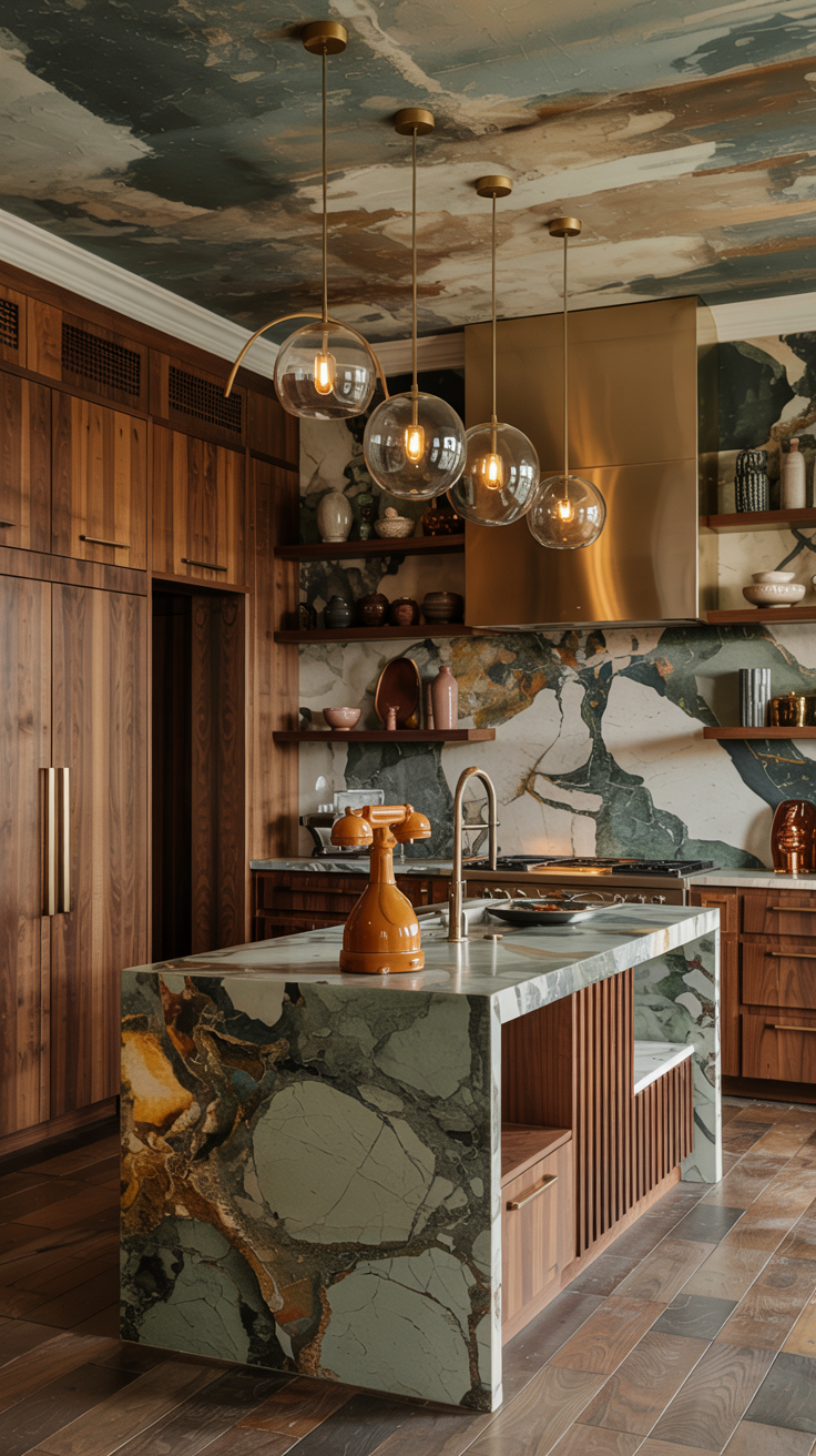 an eclectic maximalist kitchen with 70's style