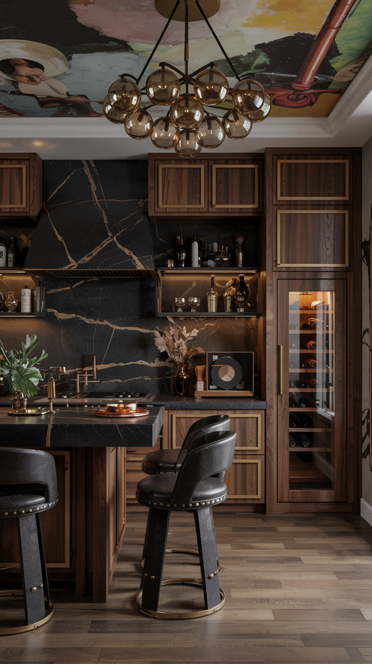 an eclectic maximalist kitchen with 70's style