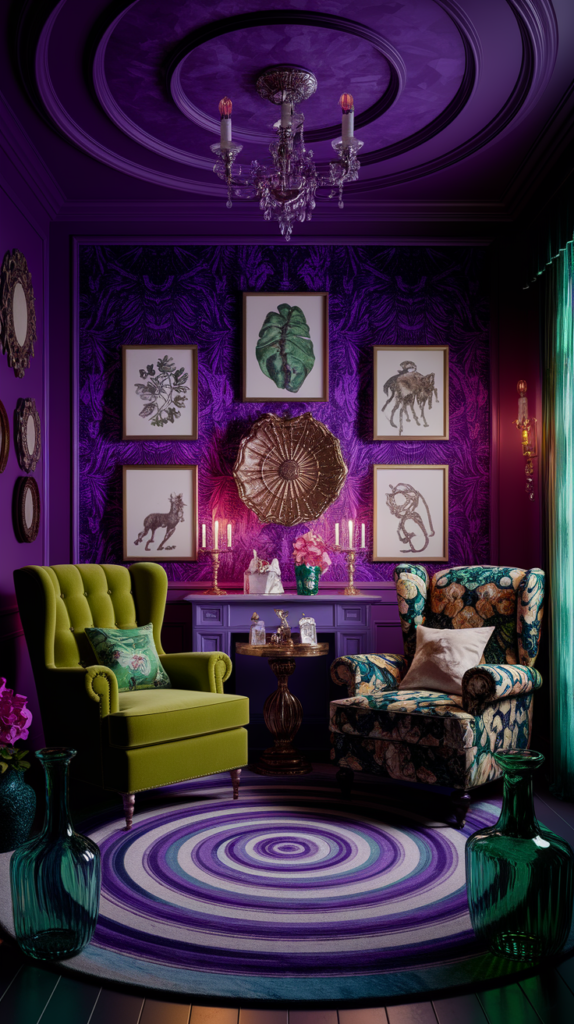 an eclectic maximalist dark cottagecore living room