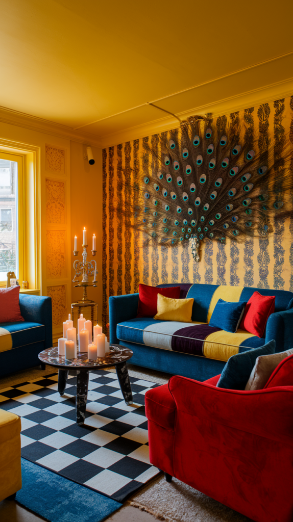 an eclectic maximalist dark cottagecore living room
