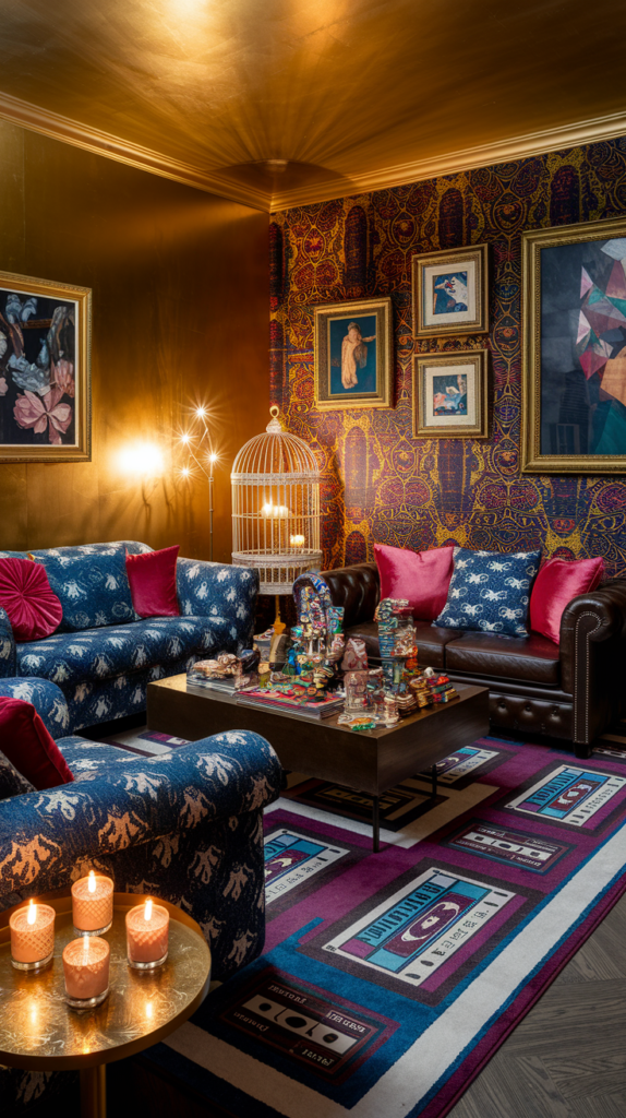 an eclectic maximalist dark cottagecore living room