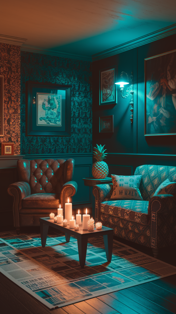 an eclectic maximalist dark cottagecore living room