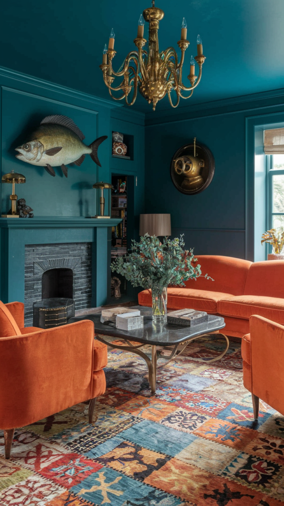 an eclectic maximalist dark cottagecore living room