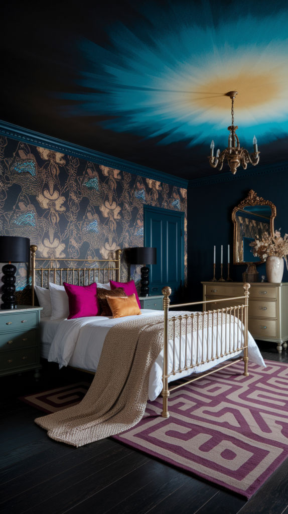 an eclectic maximalist dark cottage core bedroom