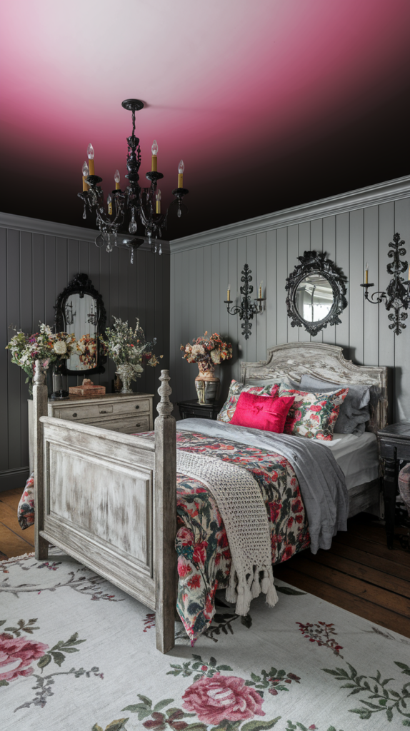 an eclectic maximalist dark cottage core bedroom