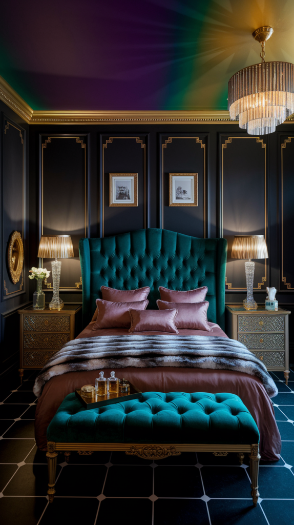 an eclectic maximalist dark cottage core bedroom
