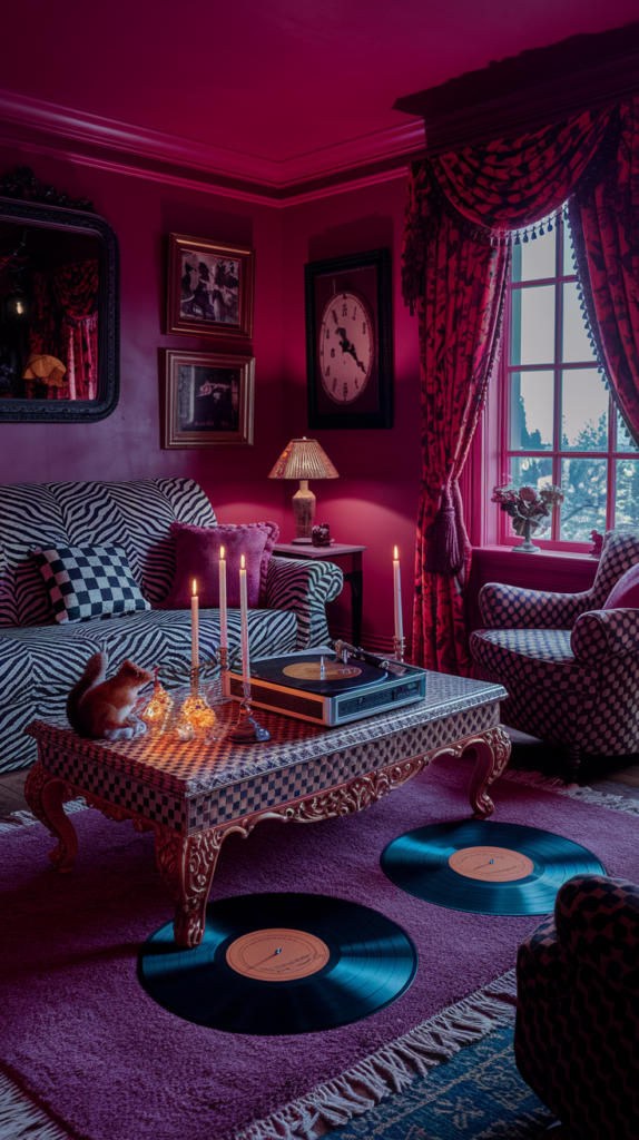 an eclectic maximalist dark cottagecore living room