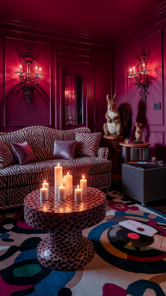 an eclectic maximalist dark cottagecore living room