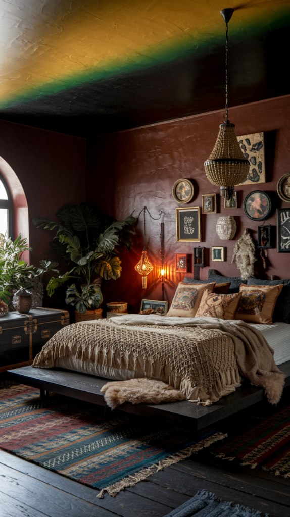 an eclectic maximalist dark cottage core bedroom