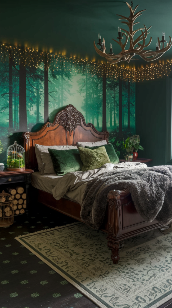 an eclectic maximalist dark cottage core bedroom