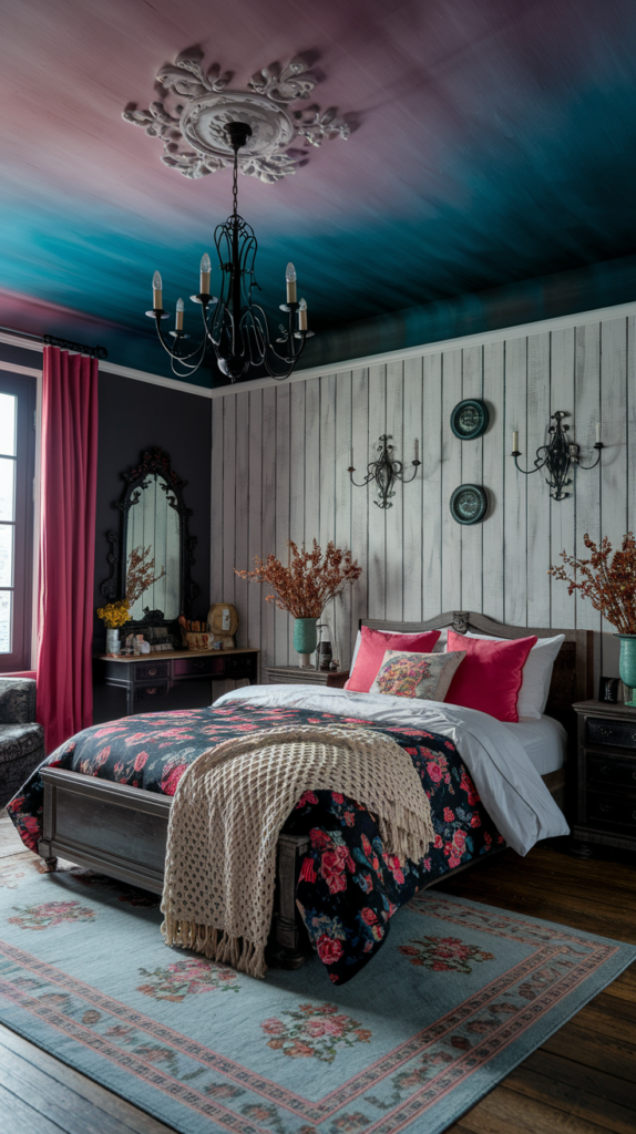 an eclectic maximalist dark cottage core bedroom