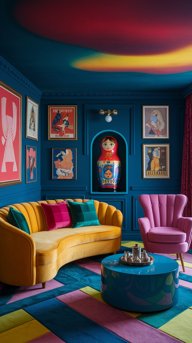an eclectic maximalist russian living room