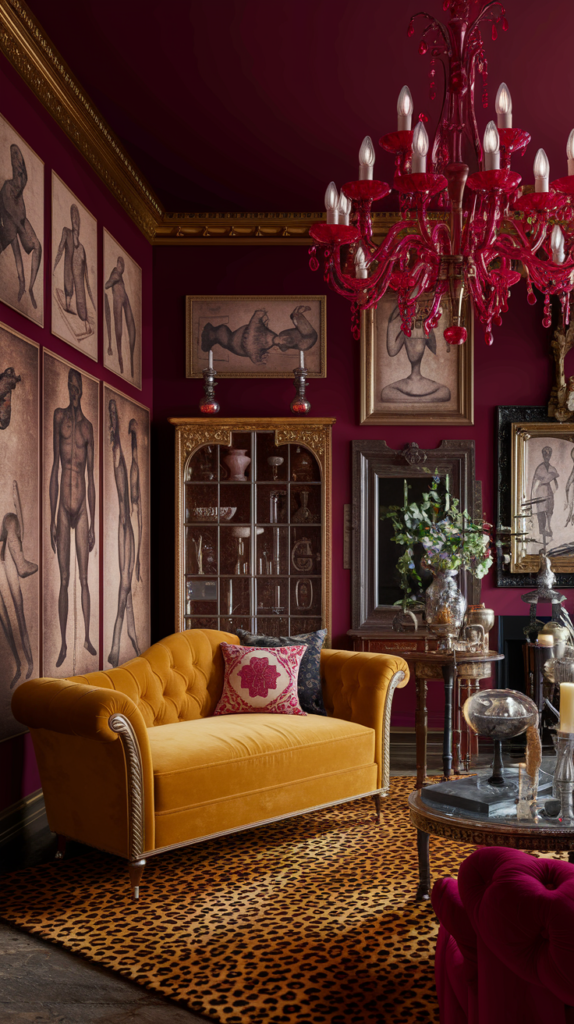 an eclectic maximalist dark cottagecore living room 