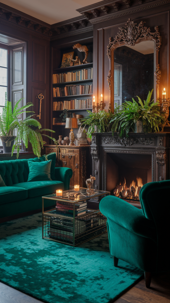 an eclectic maximalist dark cottagecore living room