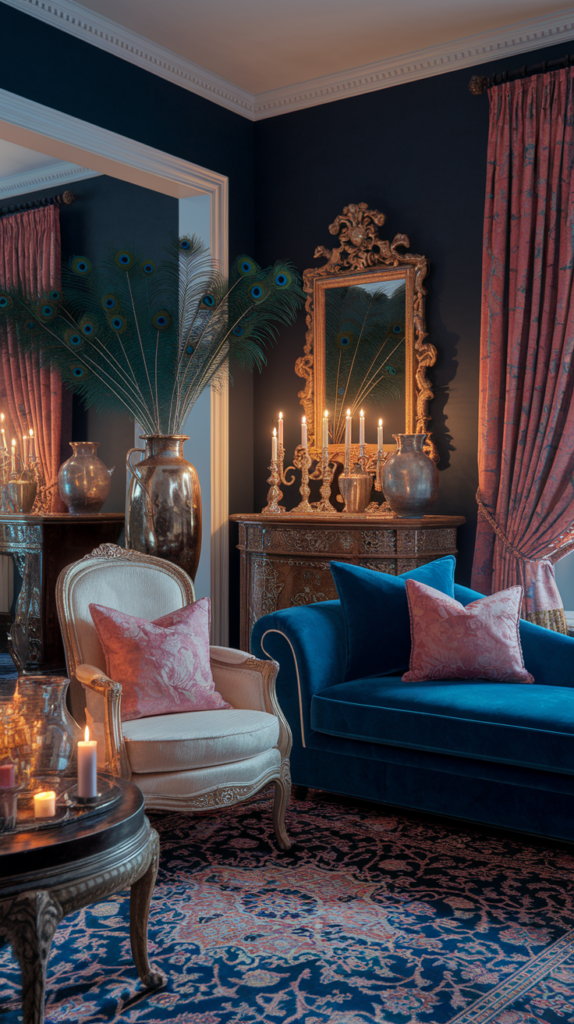 an eclectic maximalist dark cottagecore living room