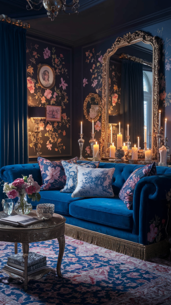 an eclectic maximalist dark cottagecore living room