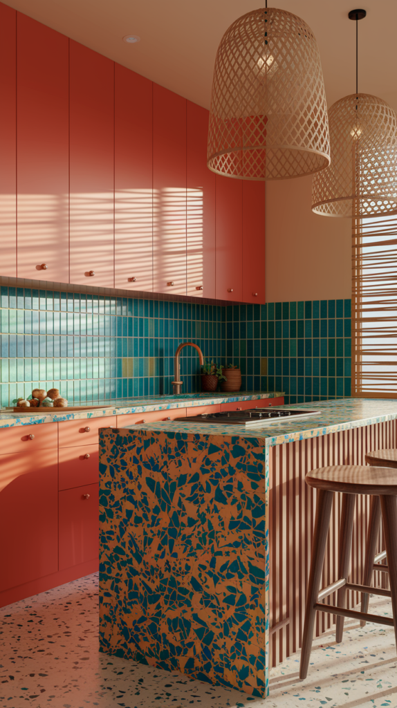 a mid century modern tropical kitchen