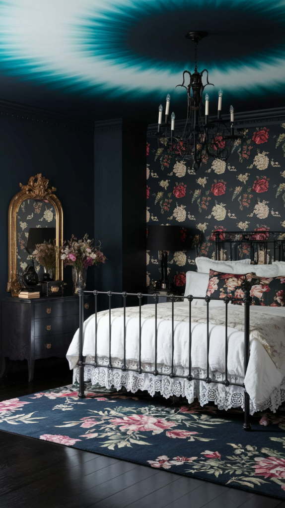 an eclectic maximalist dark cottage core bedroom