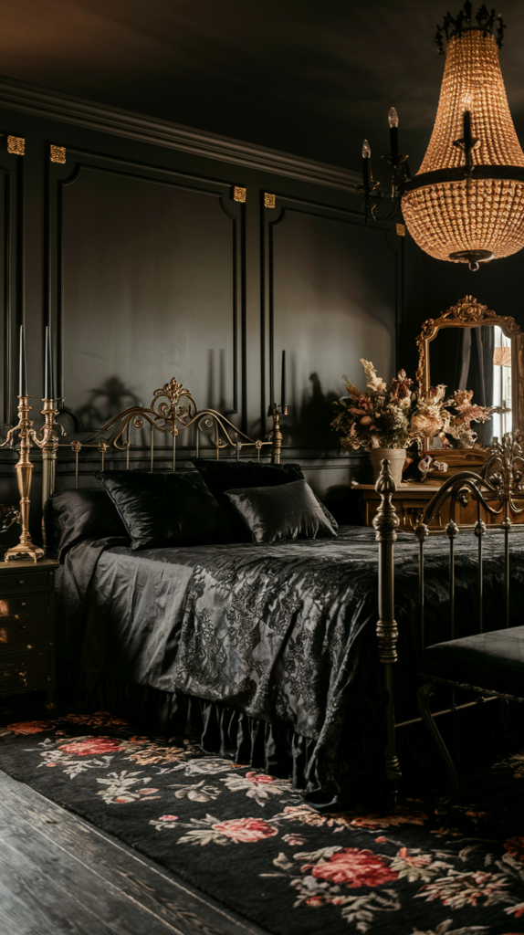 an eclectic maximalist dark cottage core bedroom