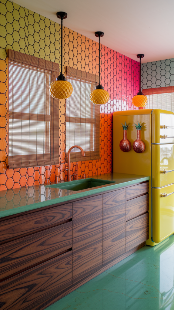 a mid century modern tropical kitchen