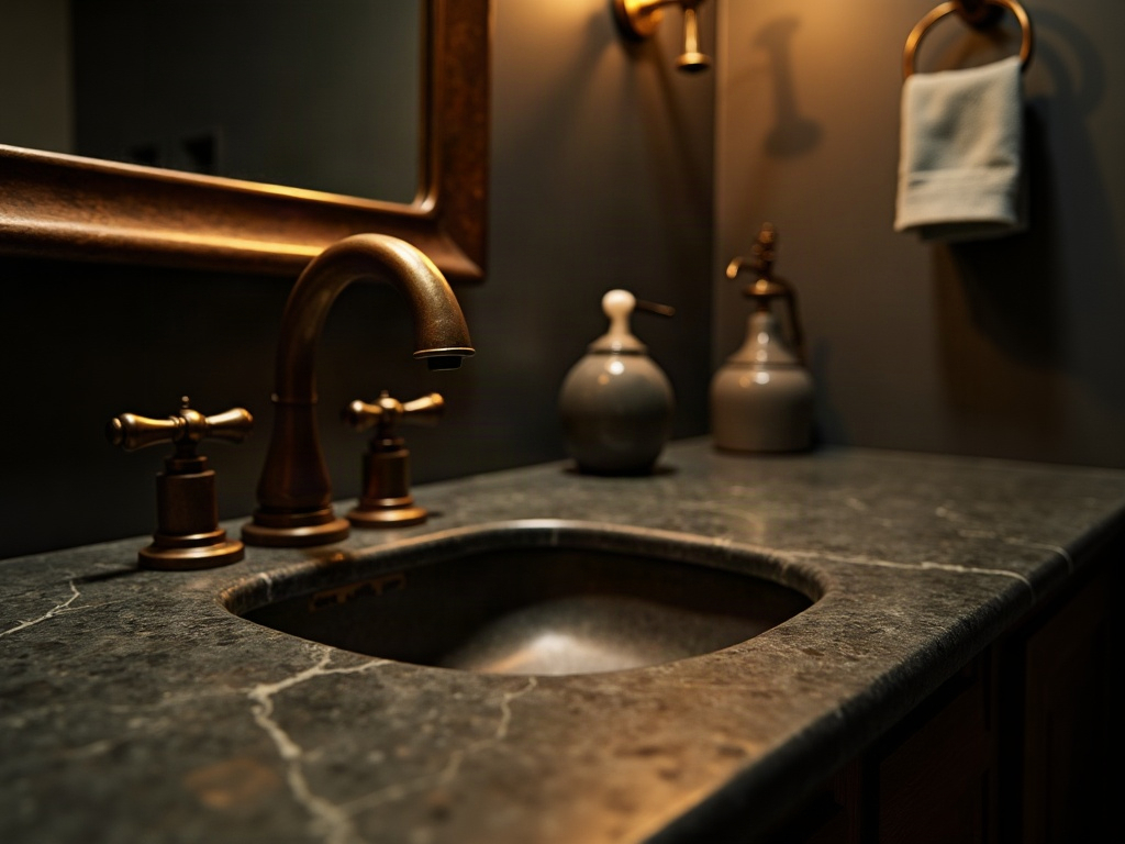 Aged brass bathroom fixtures with faucet and hardware