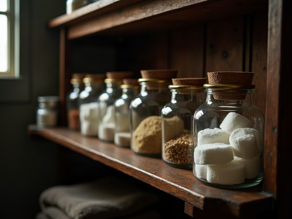 Vintage apothecary jars for bathroom storage