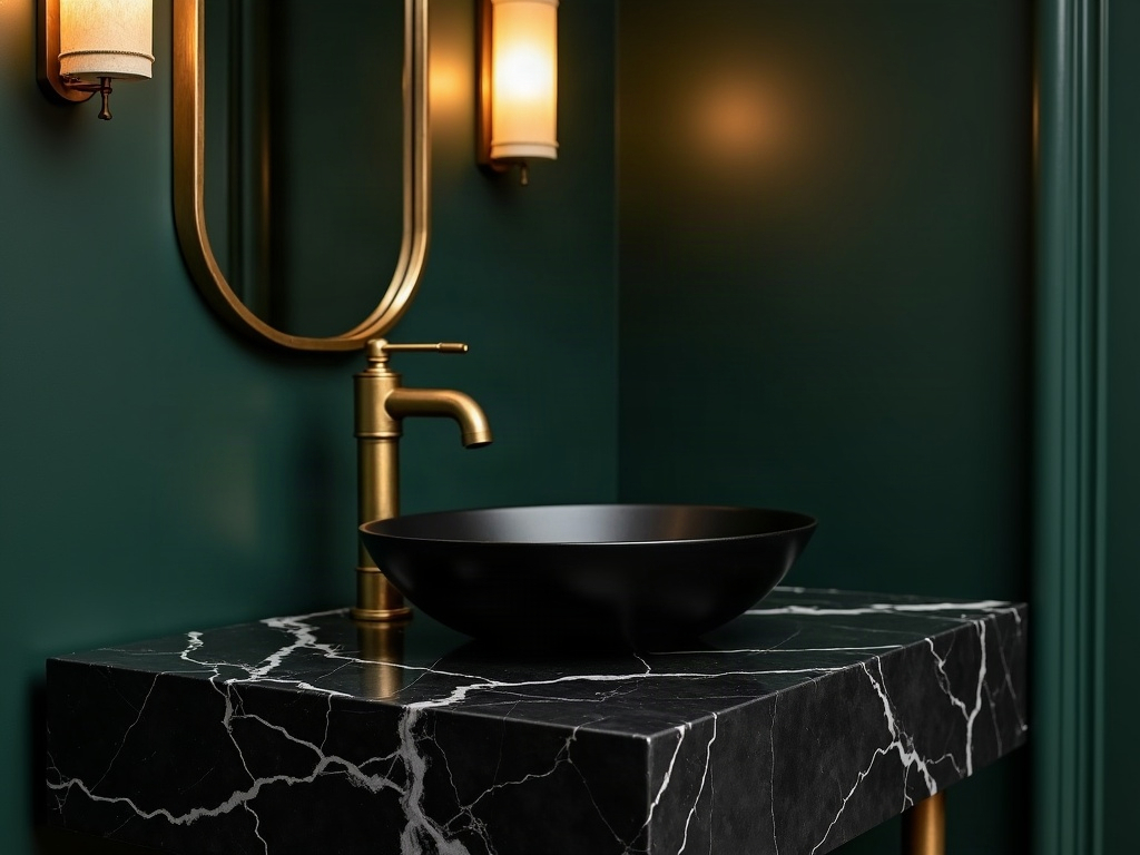 Black marble bathroom vanity with brass vessel sink