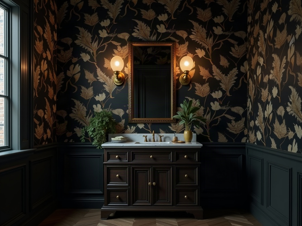 Dark botanical wallpaper in a dark academia bathroom