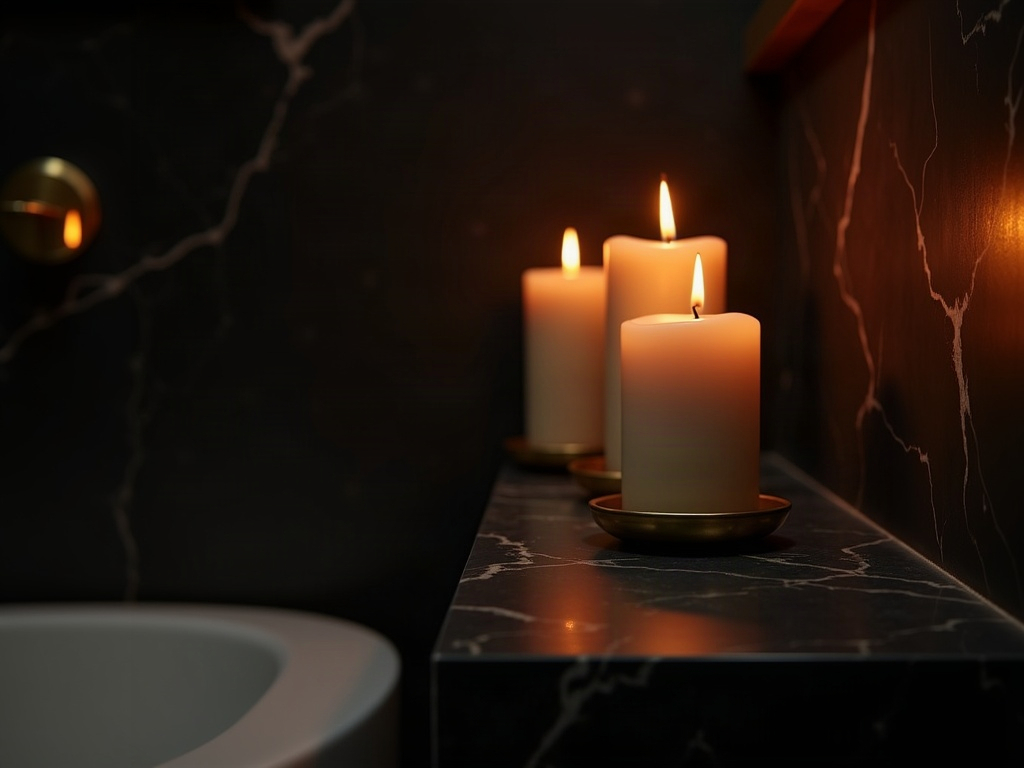 Candlelight on a shelf in a dark academia bathroom